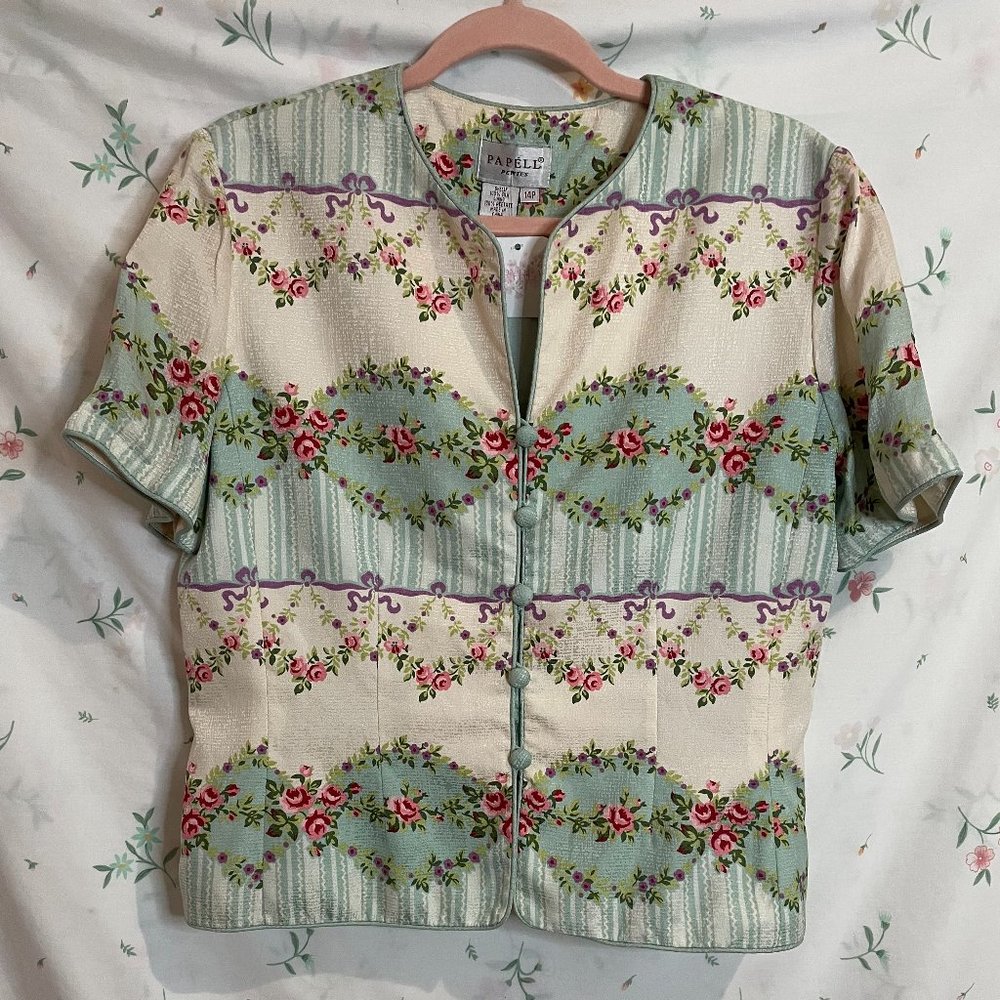 Vintage 90s Papell Evenings Silk Floral Blazer Short Sleeve Top Blouse Size 14P